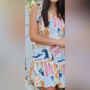 SHEIN Multicolor One-Shoulder Watercolor Print Ruffled Mini Dress